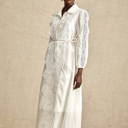 Savina White Lace Midi Dress with Cut-Out Detailing and Balloon Sleeves