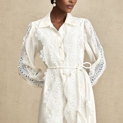 Savina White Lace Midi Dress with Cut-Out Detailing and Balloon Sleeves