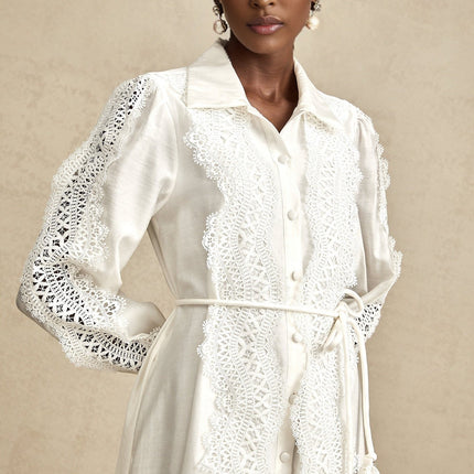 Savina White Lace Midi Dress with Cut-Out Detailing and Balloon Sleeves