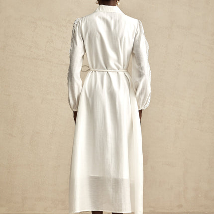 Savina White Lace Midi Dress with Cut-Out Detailing and Balloon Sleeves