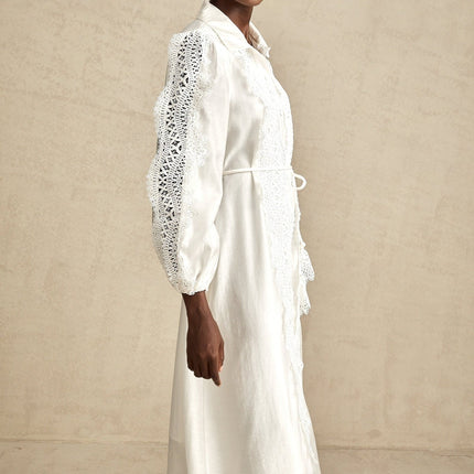 Savina White Lace Midi Dress with Cut-Out Detailing and Balloon Sleeves