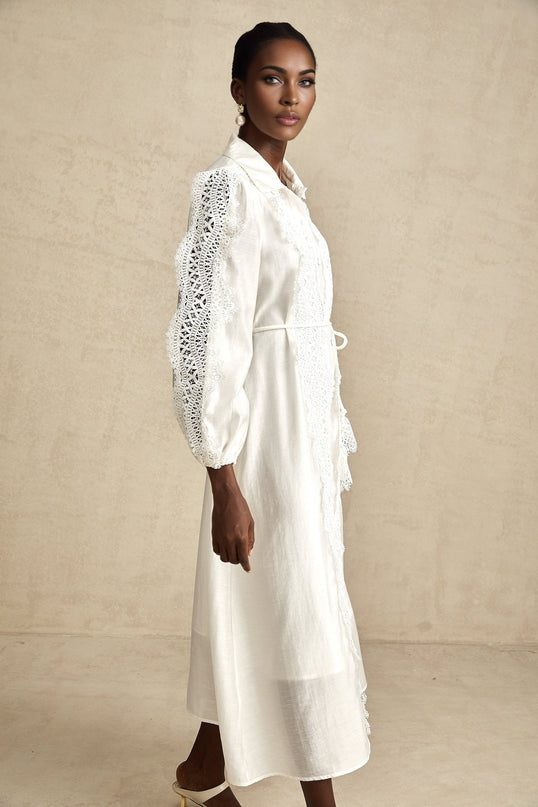 Savina White Lace Midi Dress with Cut-Out Detailing and Balloon Sleeves