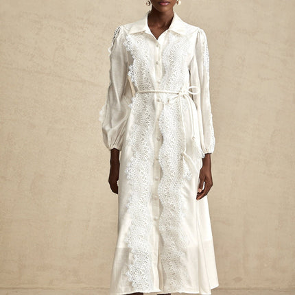 Savina White Lace Midi Dress with Cut-Out Detailing and Balloon Sleeves