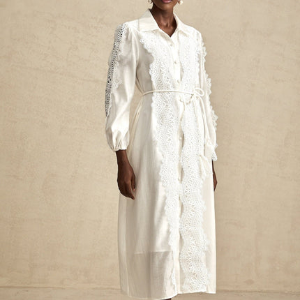 Savina White Lace Midi Dress with Cut-Out Detailing and Tied Waist
