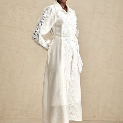 Savina White Lace Midi Dress with Cut-Out Detailing and Balloon Sleeves