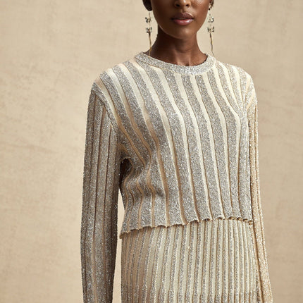Scarlett Champagne Sequin Embellished Ribbed Knit Skirt and Top Set