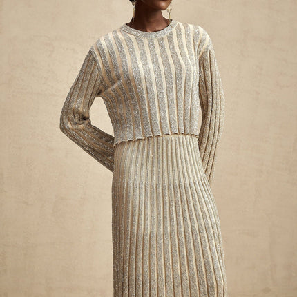 Scarlett Champagne Sequin Embellished Ribbed Knit Skirt Top Set