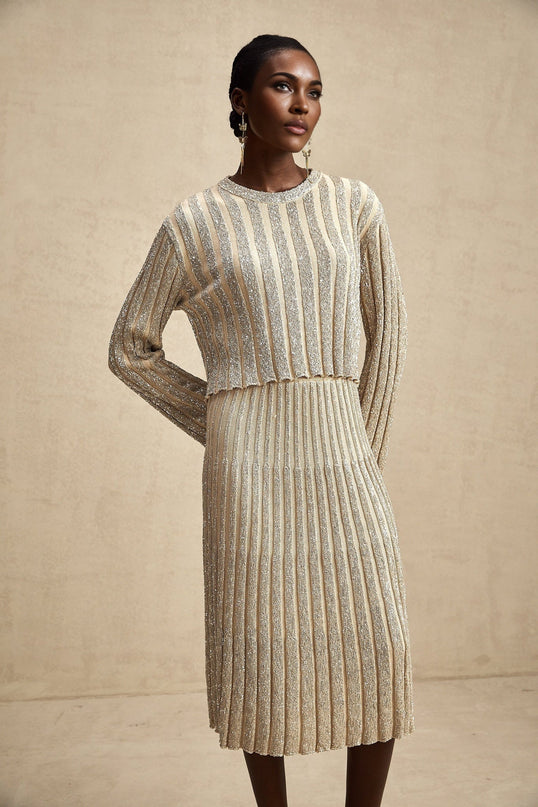 Scarlett Champagne Sequin Embellished Ribbed Knit Skirt Top Set