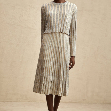 Scarlett Champagne Sequin Embellished Ribbed Knit Skirt Top Set