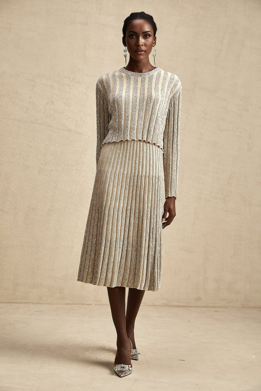 Scarlett Champagne Sequin Embellished Ribbed Knit Skirt Top Set