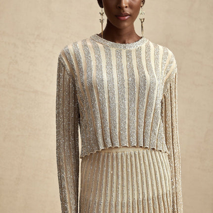 Scarlett Champagne Sequin Embellished Ribbed Knit Skirt Top Set