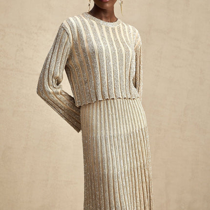 Scarlett Champagne Sequin Embellished Ribbed Knit Skirt Top Set