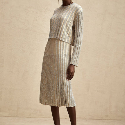 Scarlett Champagne Sequin Embellished Ribbed Knit Skirt Top Set