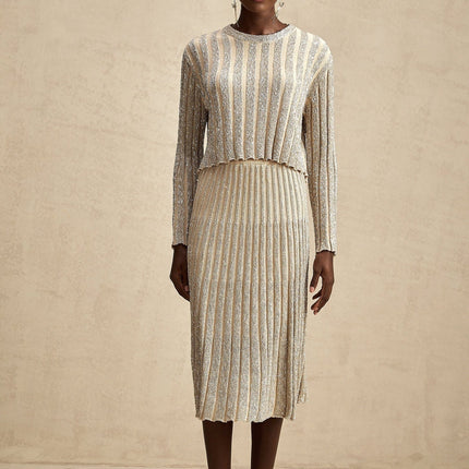 Scarlett Champagne Sequin Embellished Ribbed Knit Top and Skirt Set