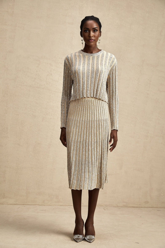 Scarlett Champagne Sequin Embellished Ribbed Knit Top and Skirt Set