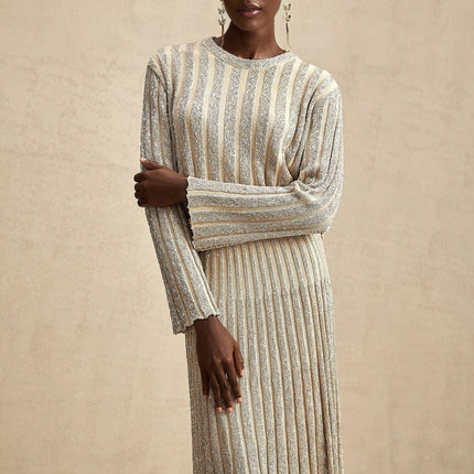 Scarlett Champagne Sequin Ribbed Knit Skirt Top Set