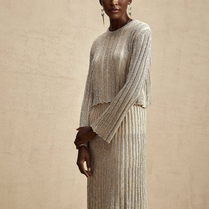 Scarlett Champagne Sequin Ribbed Knit Skirt Top Set