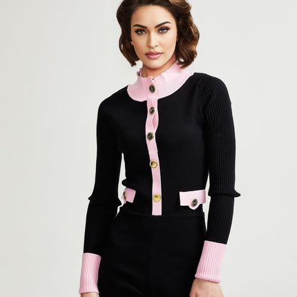 Schwarzer Colette Knit Bodysuit Black Pink Long Sleeve Button Closure Chest Flap Pockets Cotton Polyester Luxury Comfort Contemporary Chic