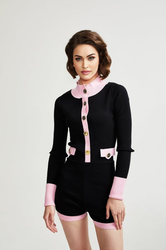 Schwarzer Colette Knit Bodysuit Black Pink Long Sleeve Button Closure Chest Flap Pockets Cotton Polyester Luxury Comfort Contemporary Chic