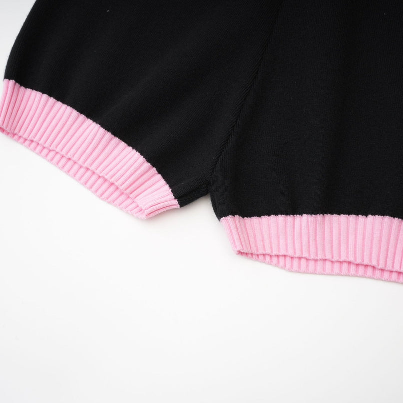 Schwarzer Colette Knit Bodysuit Black Pink Long Sleeve Button Closure Chest Flap Pockets