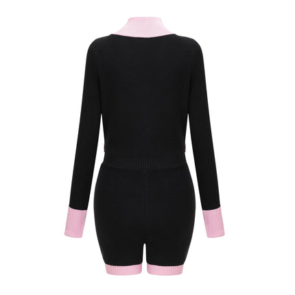 Schwarzer Colette Knit Bodysuit Black Pink Long Sleeve Thigh Length Button Closure Chest Flap Pockets Knitted 73 Cotton 27 Polyester Luxury Comfort Contemporary Chic