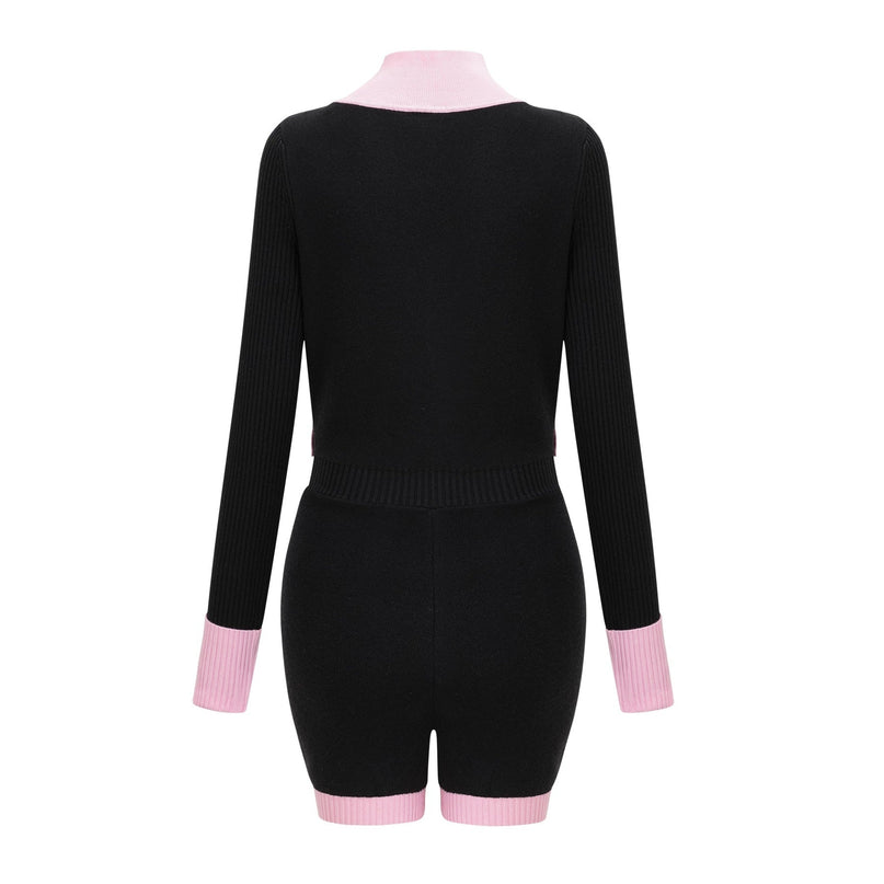 Schwarzer Colette Knit Bodysuit Black Pink Long Sleeve Thigh Length Button Closure Chest Flap Pockets Knitted 73 Cotton 27 Polyester Luxury Comfort Contemporary Chic