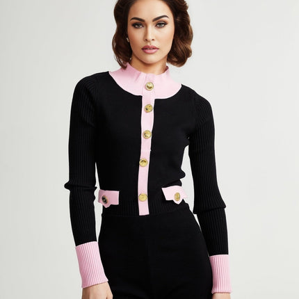 Schwarzer Colette Knit Bodysuit Black Pink Long Sleeve Button Closure Chest Flap Pockets Cotton Polyester Luxury Comfort Contemporary Chic
