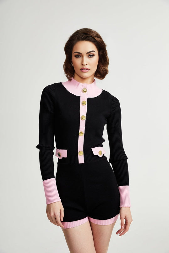 Schwarzer Colette Knit Bodysuit Black Pink Long Sleeve Button Closure Chest Flap Pockets Cotton Polyester Luxury Comfort Contemporary Chic