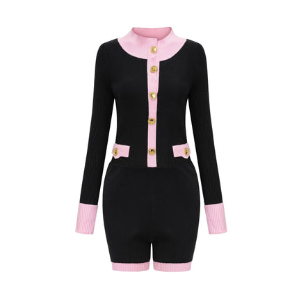 Schwarzer Colette Knit Bodysuit Black Pink Long Sleeve Button Closure Chest Flap Pockets Cotton Polyester Luxury Comfort Contemporary Chic