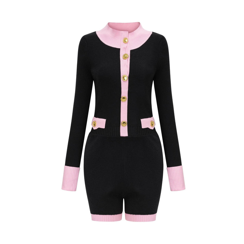 Schwarzer Colette Knit Bodysuit Black Pink Long Sleeve Button Closure Chest Flap Pockets Cotton Polyester Luxury Comfort Contemporary Chic