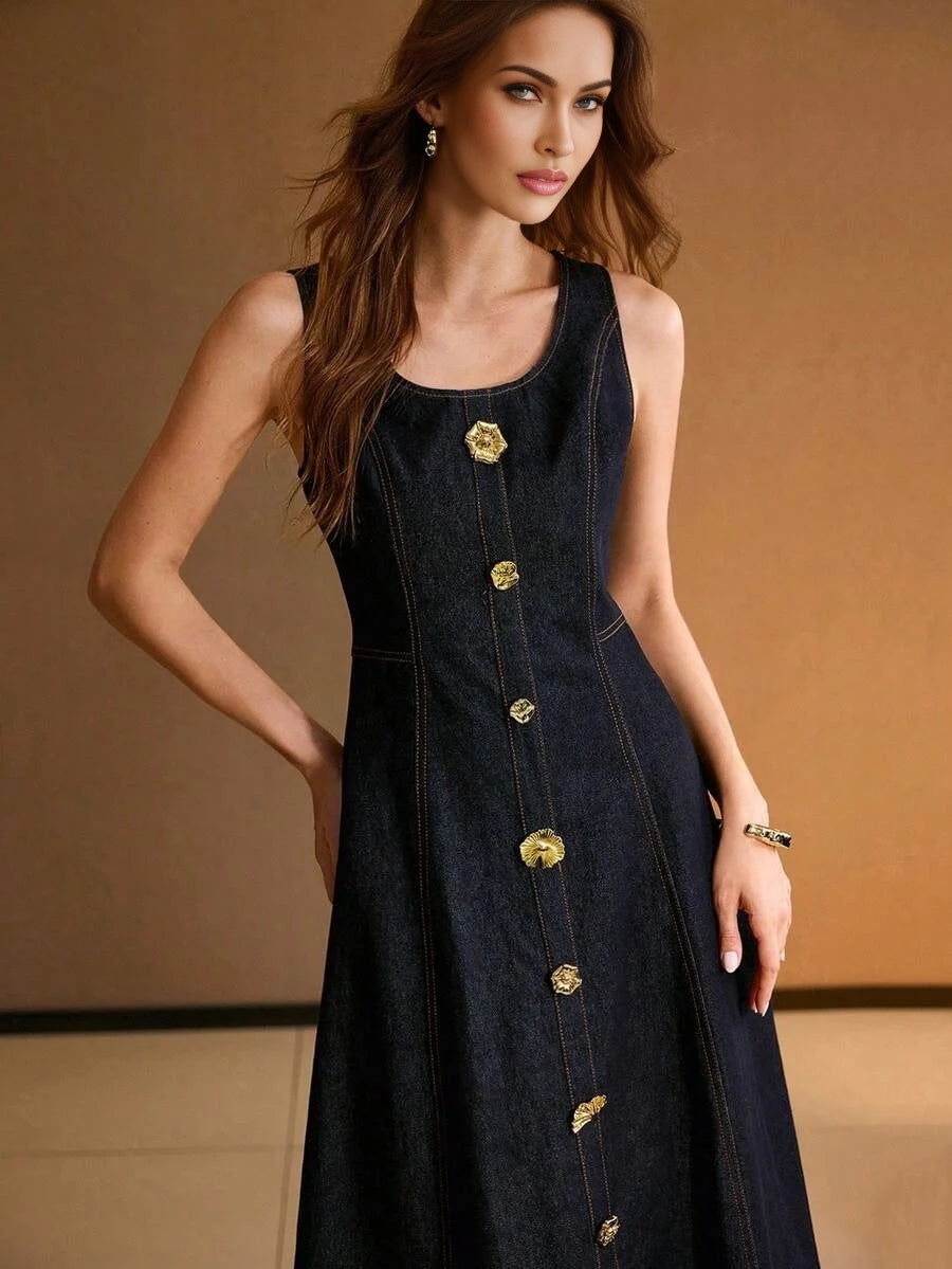 SCOOP NECK METAL DETAIL FLARE HEM DENIM DRESS