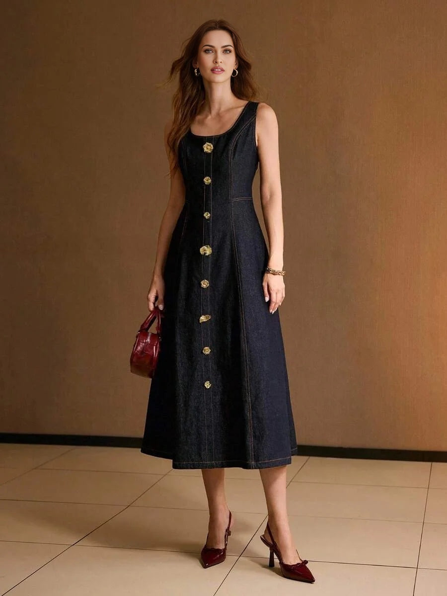 SCOOP NECK METAL DETAIL FLARE HEM DENIM DRESS