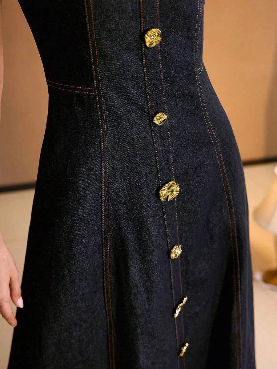SCOOP NECK METAL DETAIL FLARE HEM DENIM DRESS