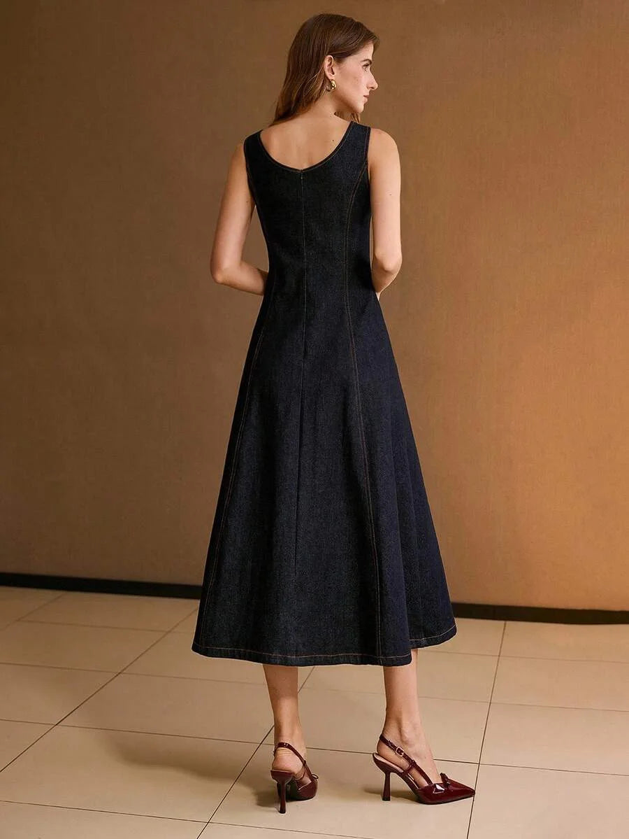 SCOOP NECK METAL DETAIL FLARE HEM DENIM DRESS