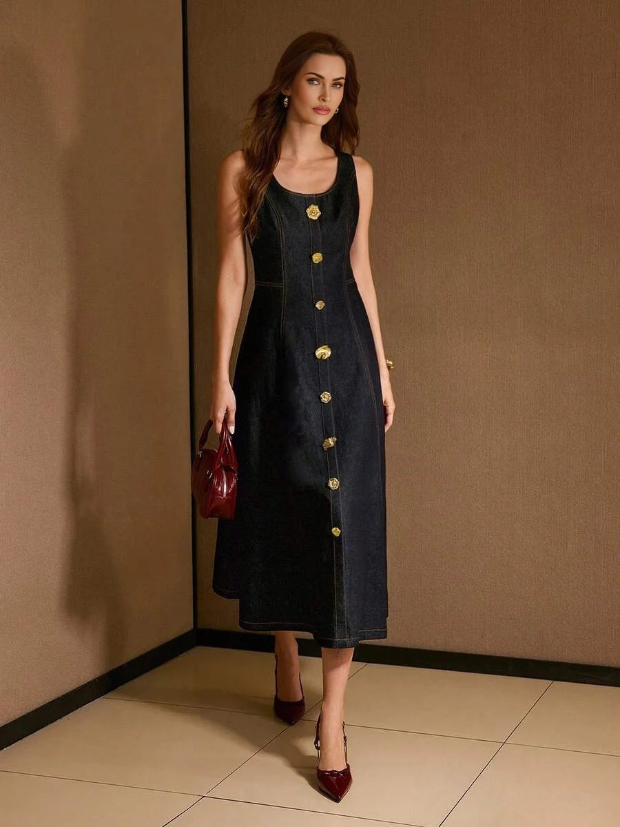 SCOOP NECK METAL DETAIL FLARE HEM DENIM DRESS