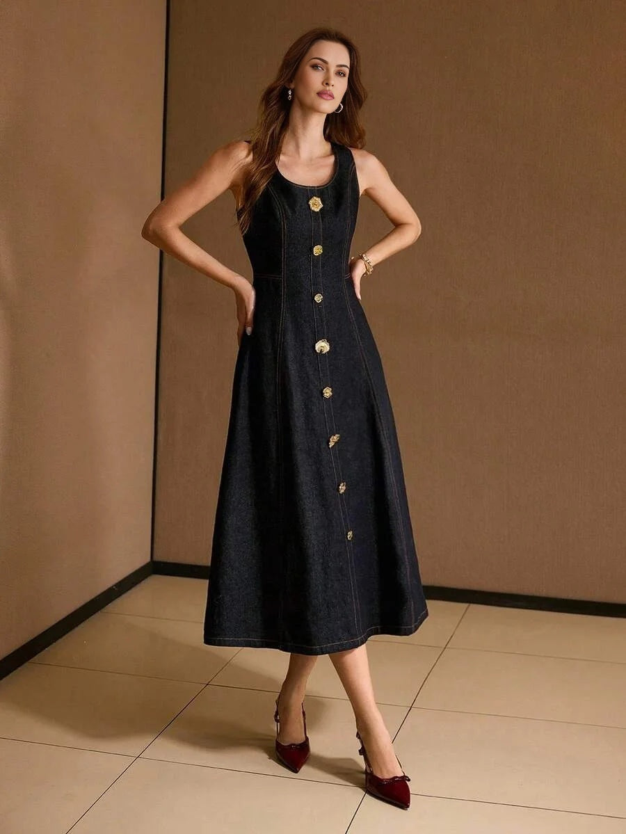 SCOOP NECK METAL DETAIL FLARE HEM DENIM DRESS