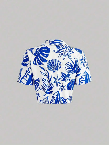 Crop Top Seashell Print Twist Neck Short Sleeve Shirt Casual Summer Shirt