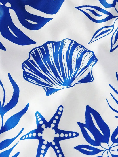 Crop Top Seashell Print Twist Neck Short Sleeve Shirt Casual Summer Shirt
