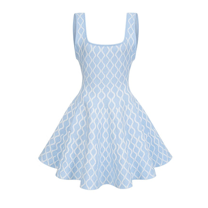 Selena Blue White Jacquard Mini Dress Sleeveless Scoop Neck Wide Shoulder Straps Fitted Waistline Flared Hem Slip-On Style