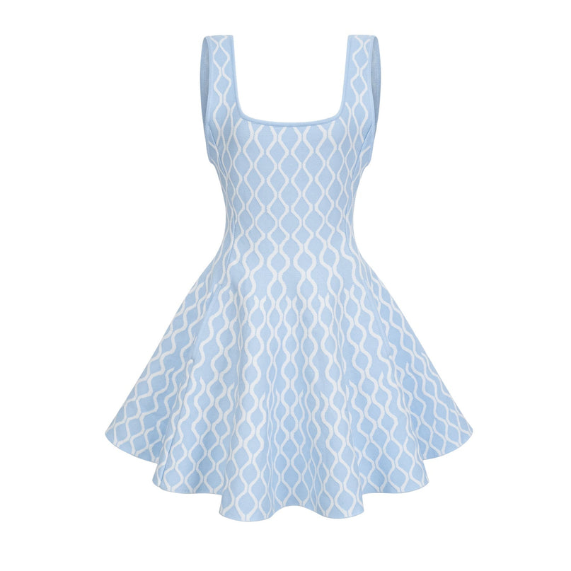 Selena Blue White Jacquard Mini Dress Sleeveless Scoop Neck Wide Shoulder Straps Fitted Waistline Flared Hem Slip-On Style
