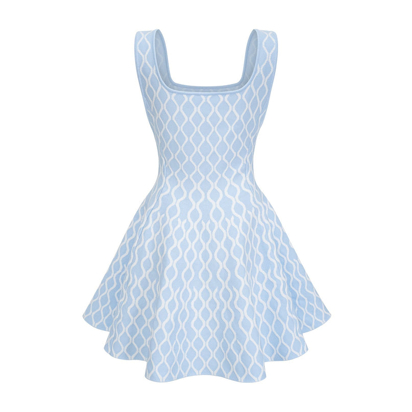 Selena Blue White Jacquard Mini Dress Sleeveless Scoop Neck Wide Shoulder Straps Fitted Waistline Flared Hem Slip-On Style Polyester Polyamide Elastane Elegant Chic Sophistication Charm