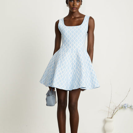 Selena Blue White Jacquard Mini Dress Sleeveless Scoop Neck Wide Shoulder Straps Fitted Waistline Flared Hem Slip-on Style Polyester Polyamide Elastane Modern Femininity Timeless Allure