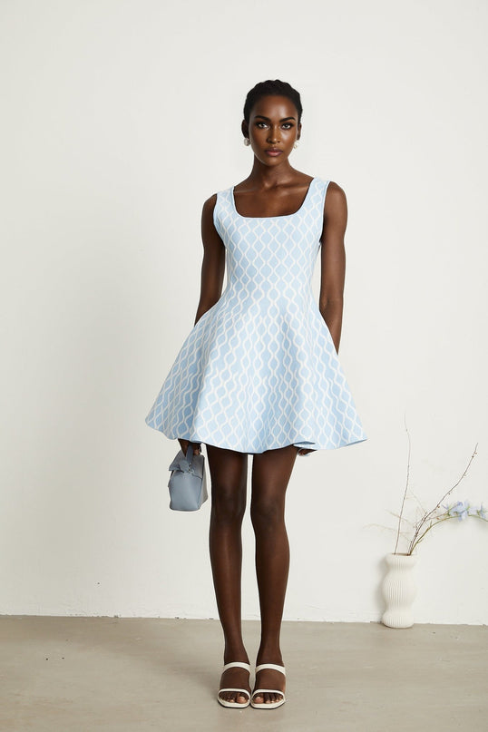 Selena Blue White Jacquard Mini Dress Sleeveless Scoop Neck Wide Shoulder Straps Fitted Waistline Flared Hem Slip-on Style Polyester Polyamide Elastane Modern Femininity Timeless Allure