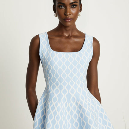 Selena Blue White Jacquard Mini Dress Sleeveless Scoop Neck Wide Shoulder Straps Fitted Waistline Flared Hem Slip-On Style Polyester Polyamide Elastane