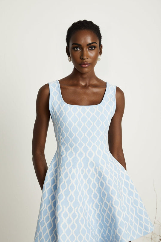 Selena Blue White Jacquard Mini Dress Sleeveless Scoop Neck Wide Shoulder Straps Fitted Waistline Flared Hem Slip-On Style Polyester Polyamide Elastane