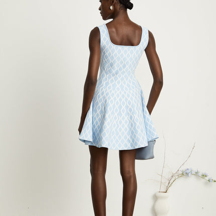 Selena Blue White Jacquard Mini Dress Sleeveless Scoop Neck Wide Shoulder Straps Fitted Waistline Flared Hem Slip-On Style