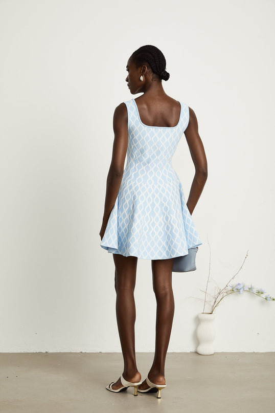 Selena Blue White Jacquard Mini Dress Sleeveless Scoop Neck Wide Shoulder Straps Fitted Waistline Flared Hem Slip-On Style