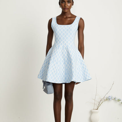 Selena Blue White Jacquard Mini Dress Scoop Neck Sleeveless Elegant Chic Flared Hem