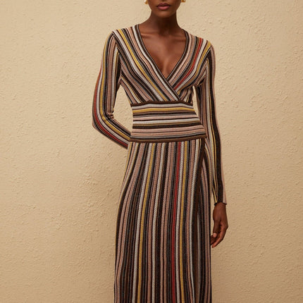Selena Brown Knitted Midi Dress V-Neck Long Sleeve Metallic Stripes Front Slit Pleated Skirt Ankle-Length