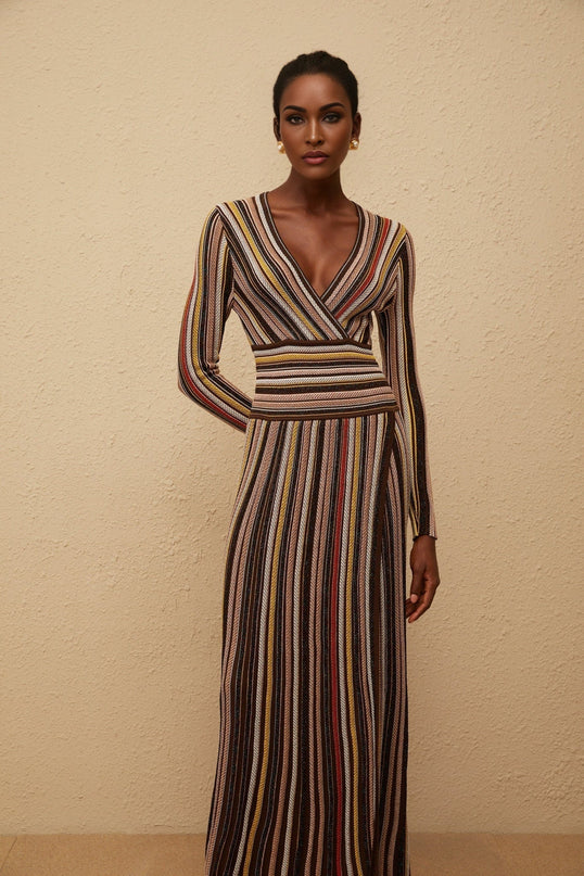 Selena Brown Knitted Midi Dress V-Neck Long Sleeve Metallic Stripes Front Slit Pleated Skirt Ankle-Length